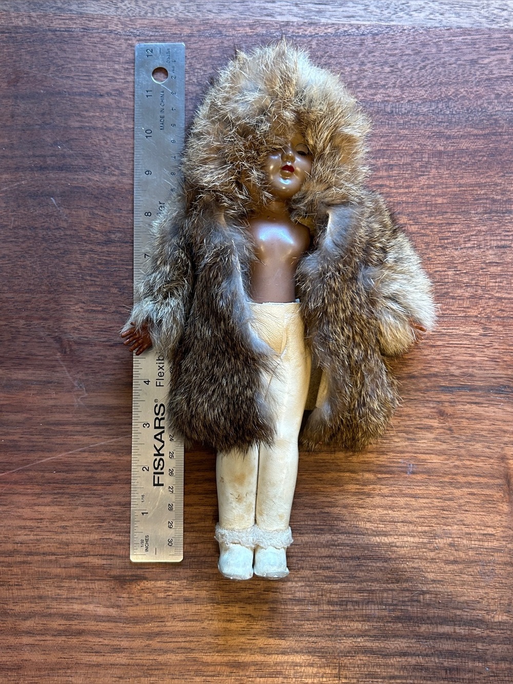 Vintage Eskimo Doll Hard Plastic Sleepy Eye Real Fur hat and jacket *read